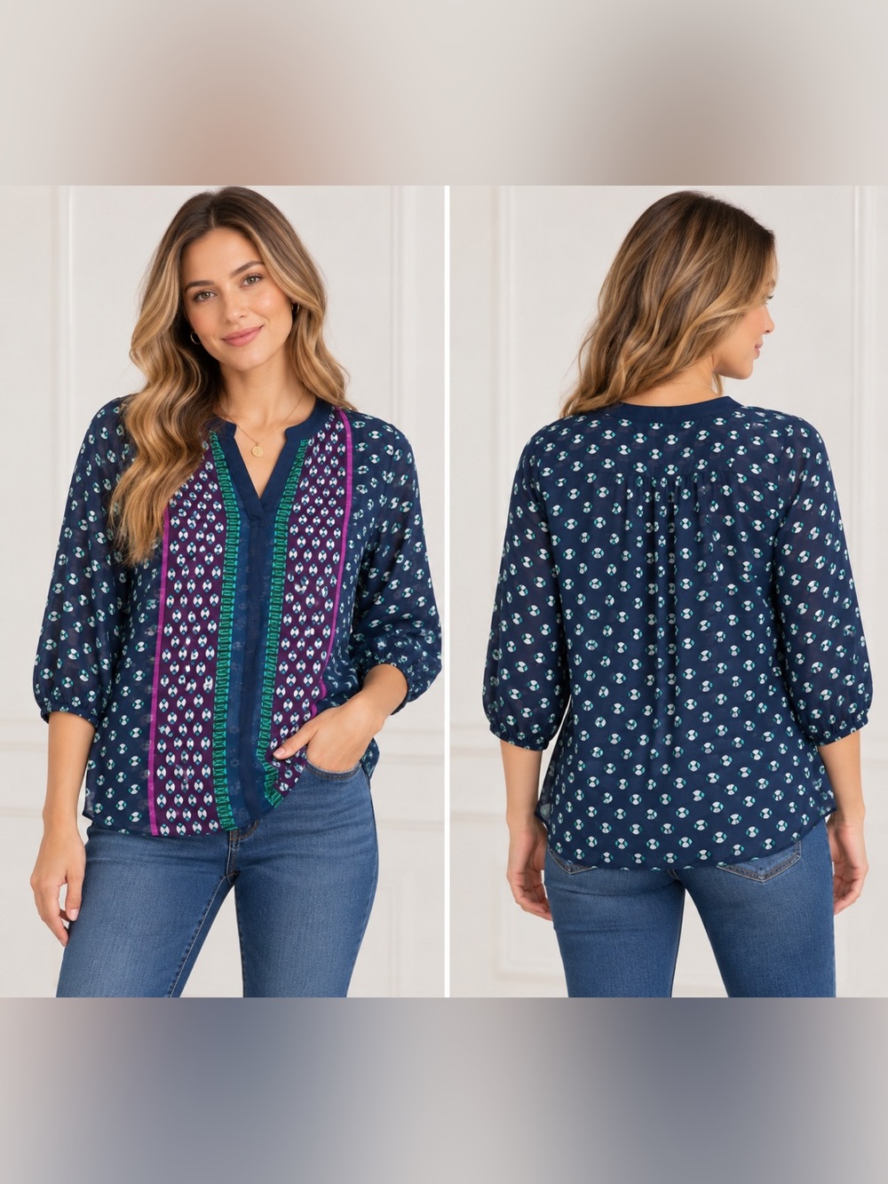 Old Navy Navy Printed Split-Neck Blouse with Purple & Green Center Panels